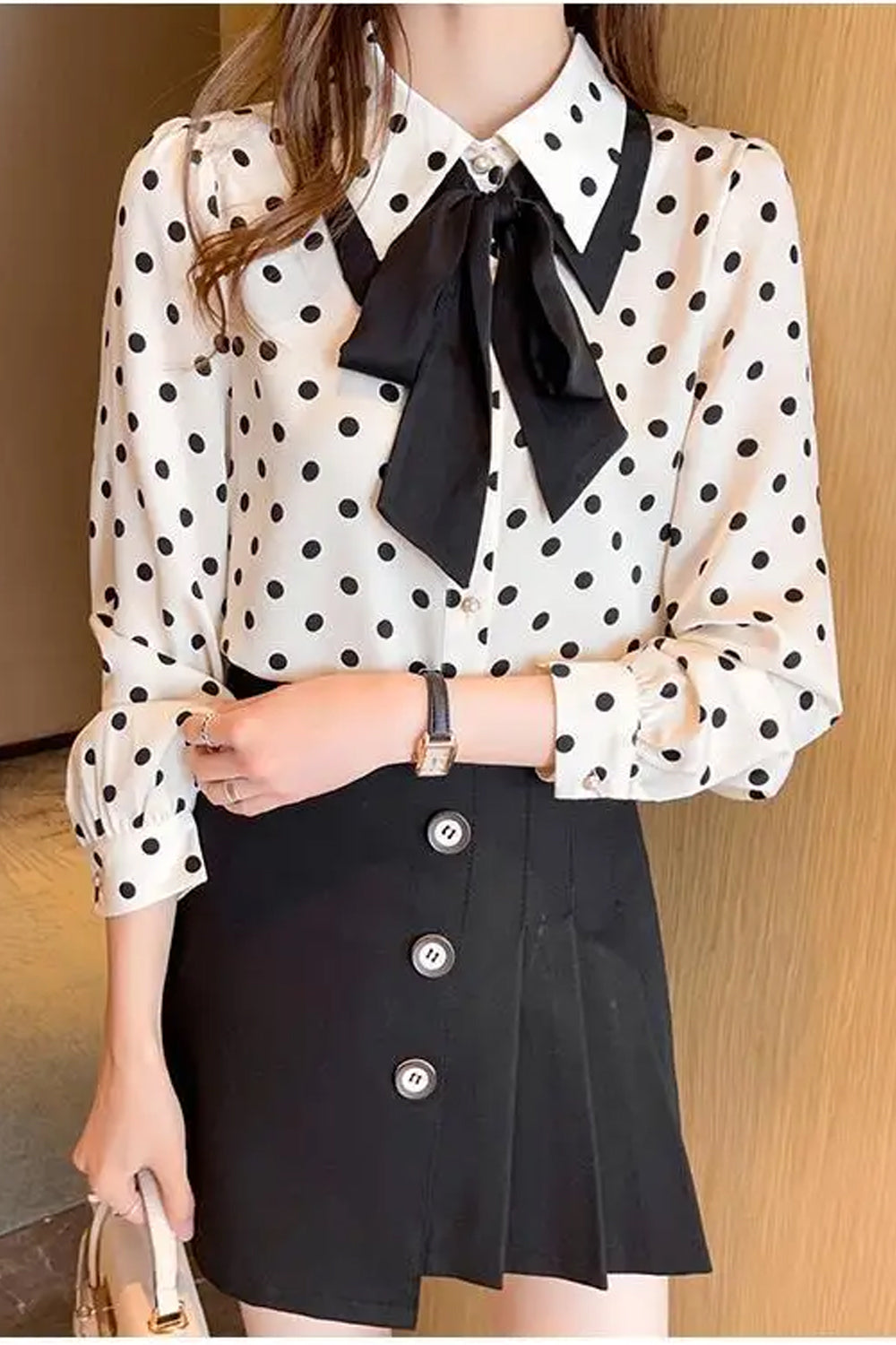 Long Sleeve Bow Style Polka Dot Pattern Blouse Shirt