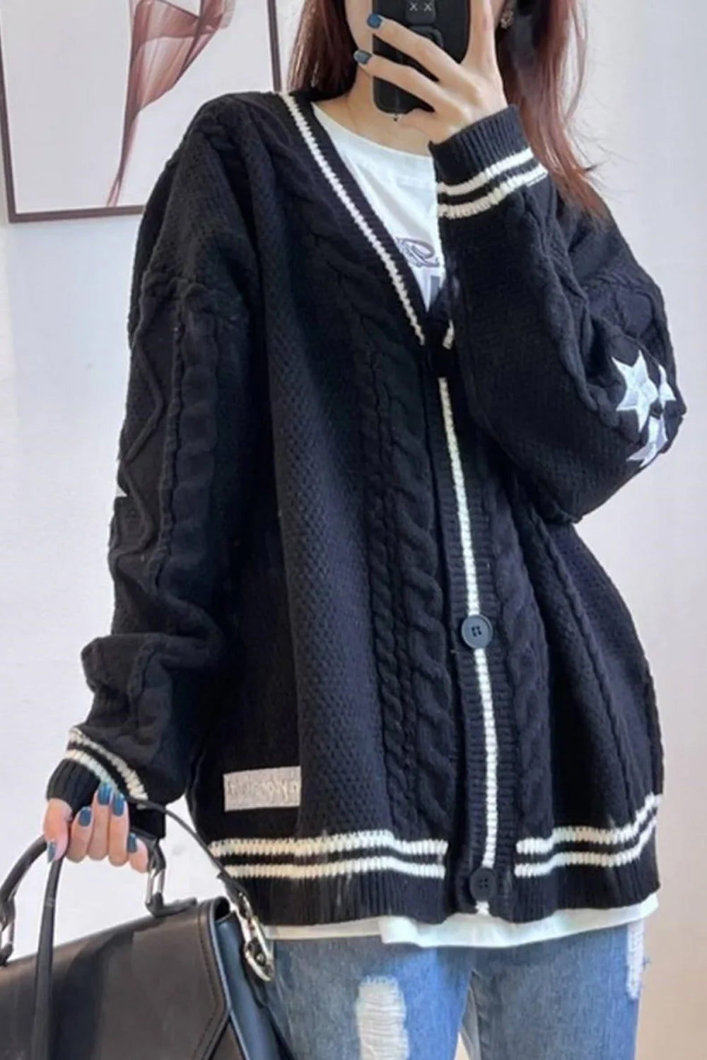 Long Sleeve Stars Sleeve Embroidered Cardigan Sweater