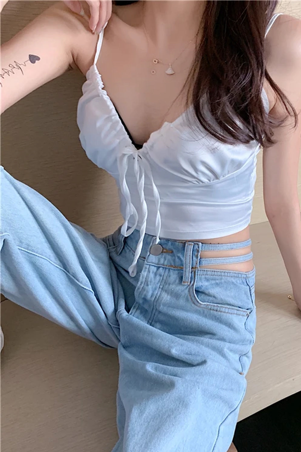 High Waist Side Hollow Out Jeans Pants