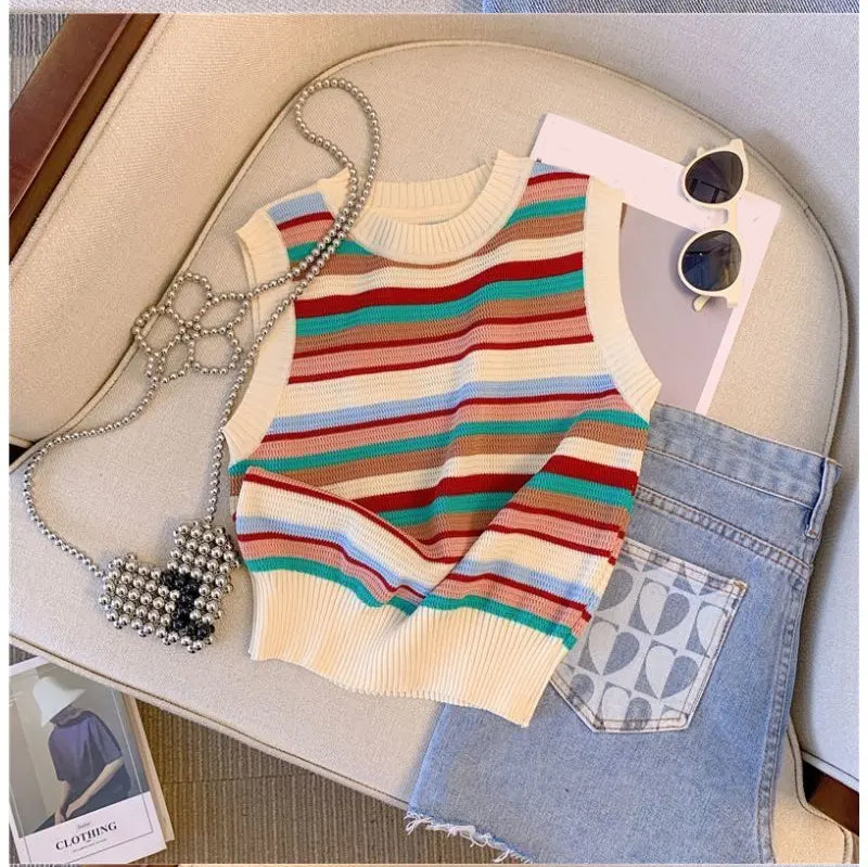 Colors Striped Sleeveless Knitted Vest Sweater