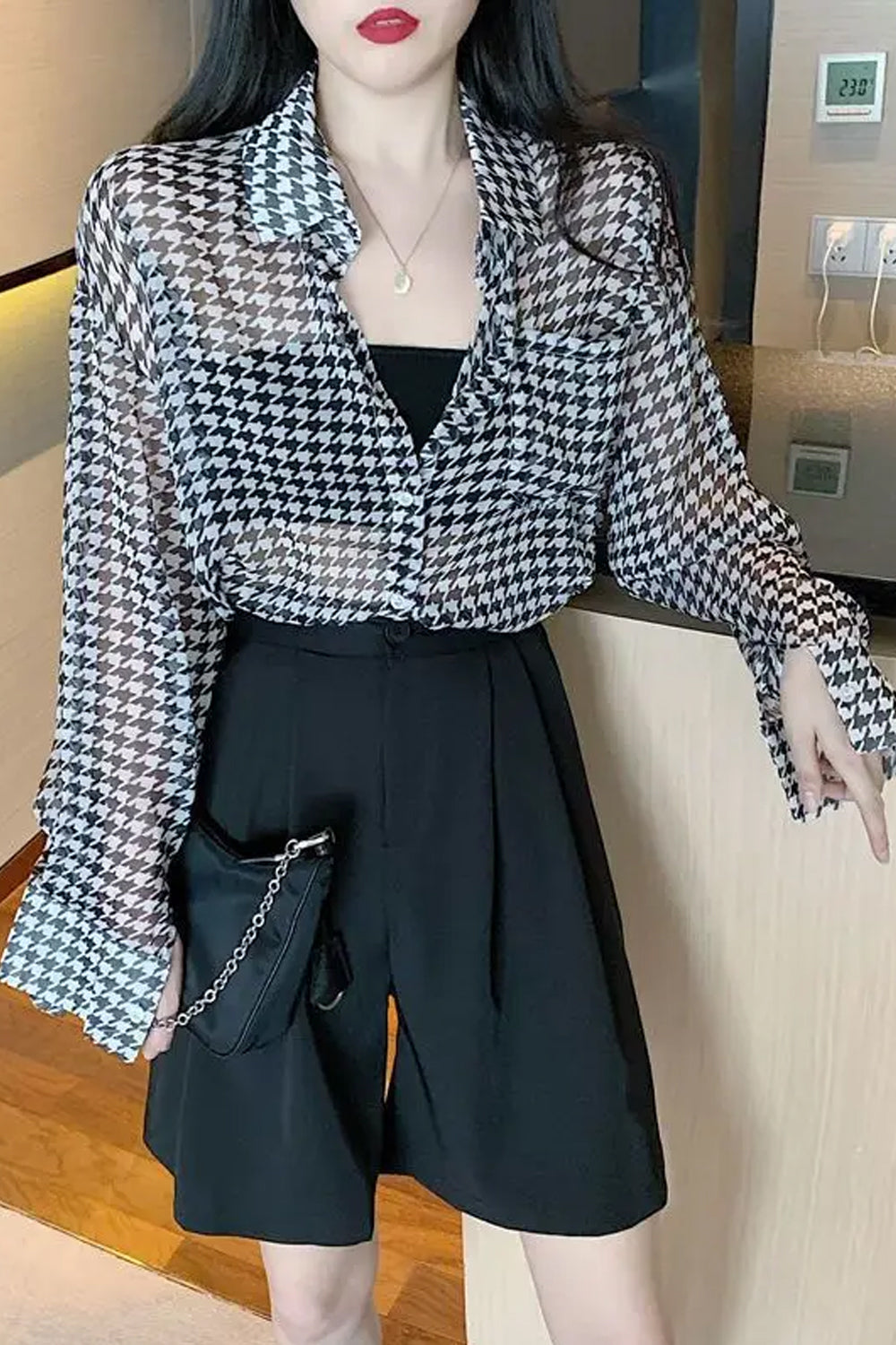 Long Sleeve Houndstooth Pattern Semi Transparent Shirts