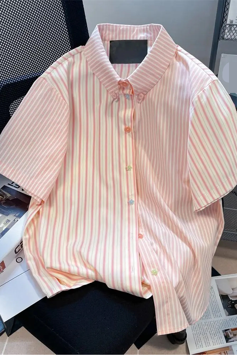 Short Sleeve Pink Elegant Striped Blouse Shirt