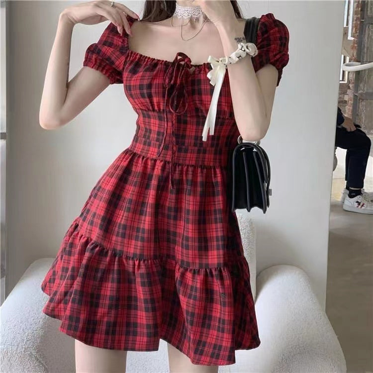 Puff Sleeve Cute Red Plaid Dress