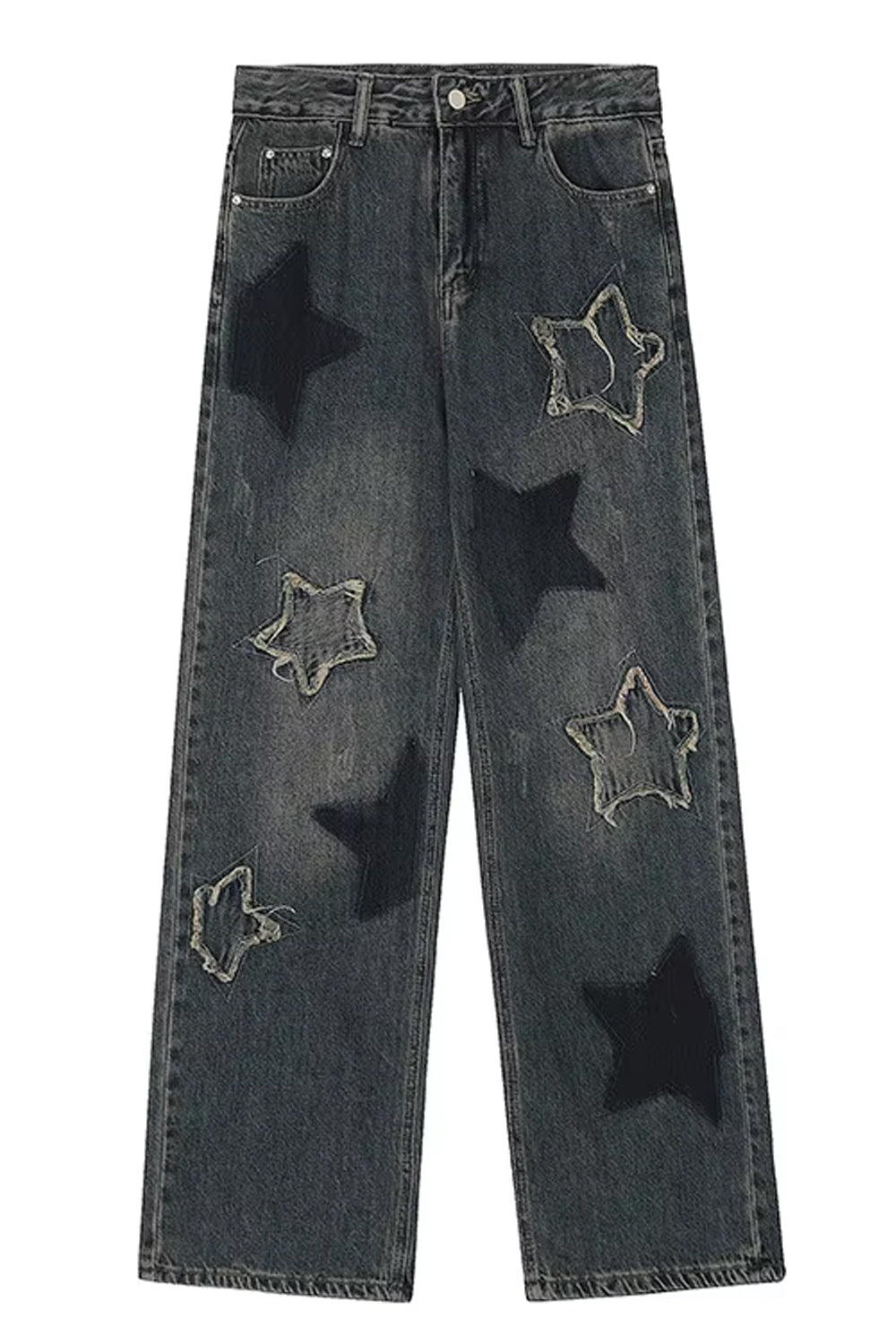 High Waist Stars Embroidered Long Washed Jeans