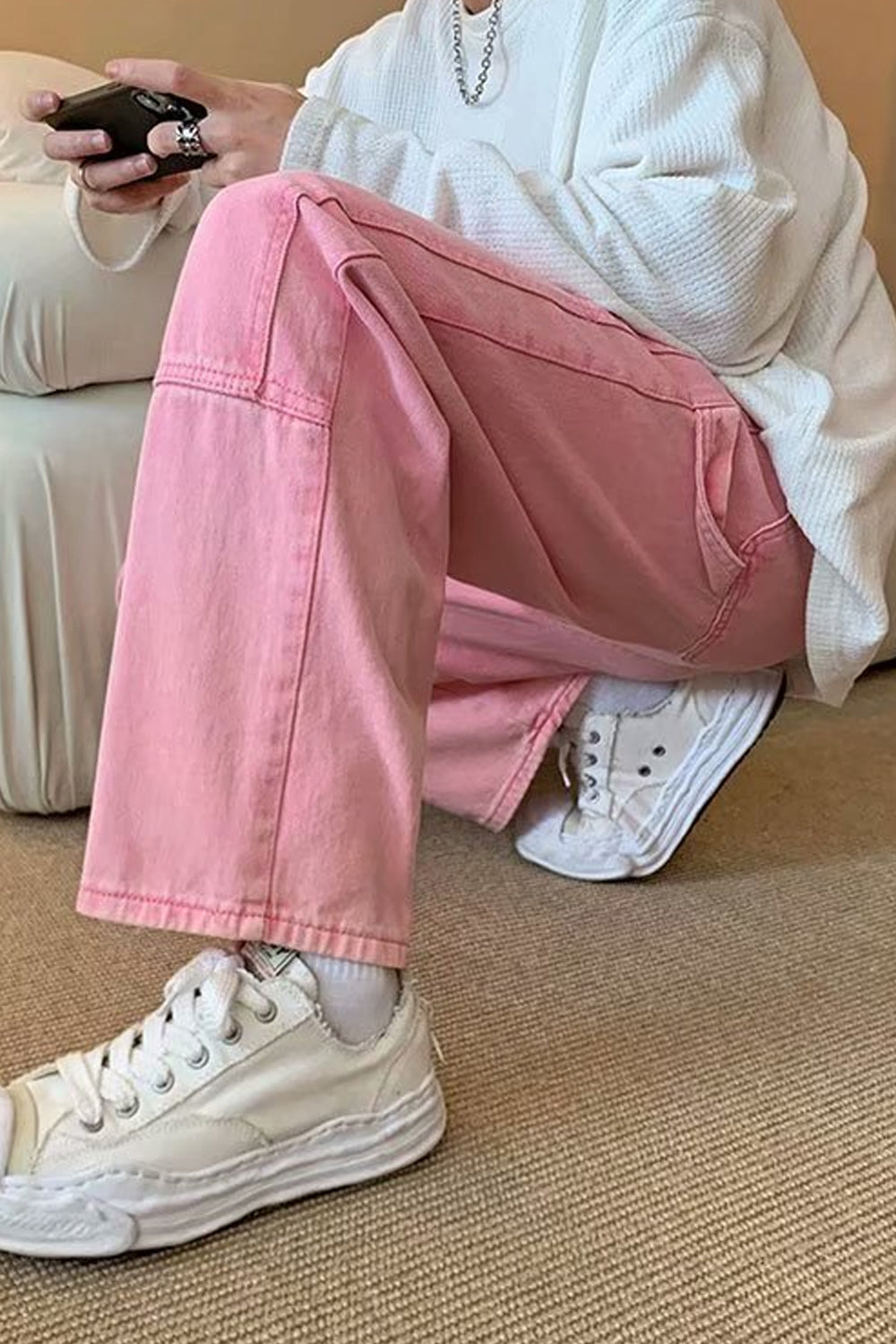 Hip Hop Pink Color Long Jeans Pants