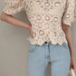 Puff Sleeve Hollow Out Lace Cropped Shirt