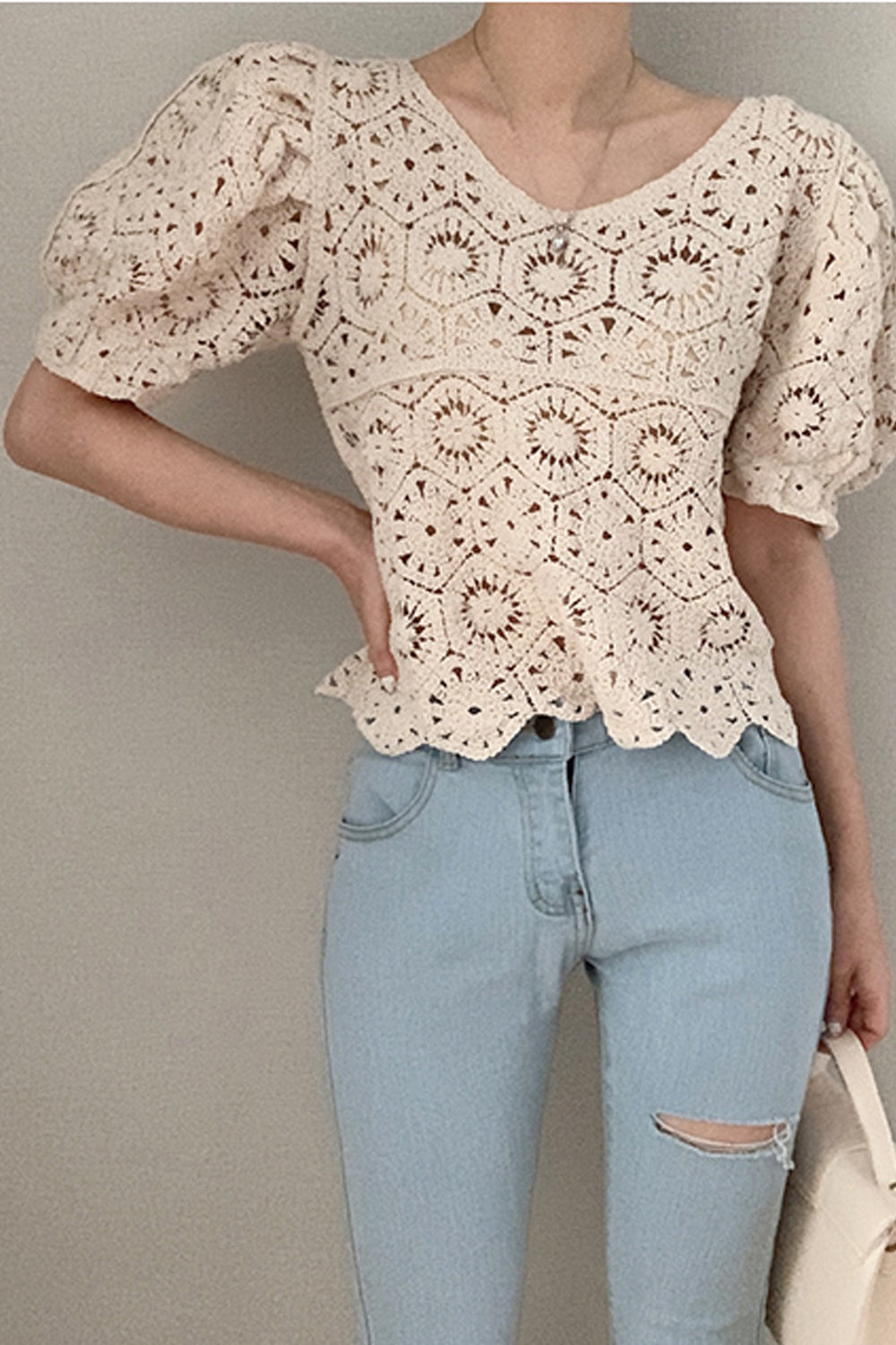 Puff Sleeve Hollow Out Lace Cropped Shirt