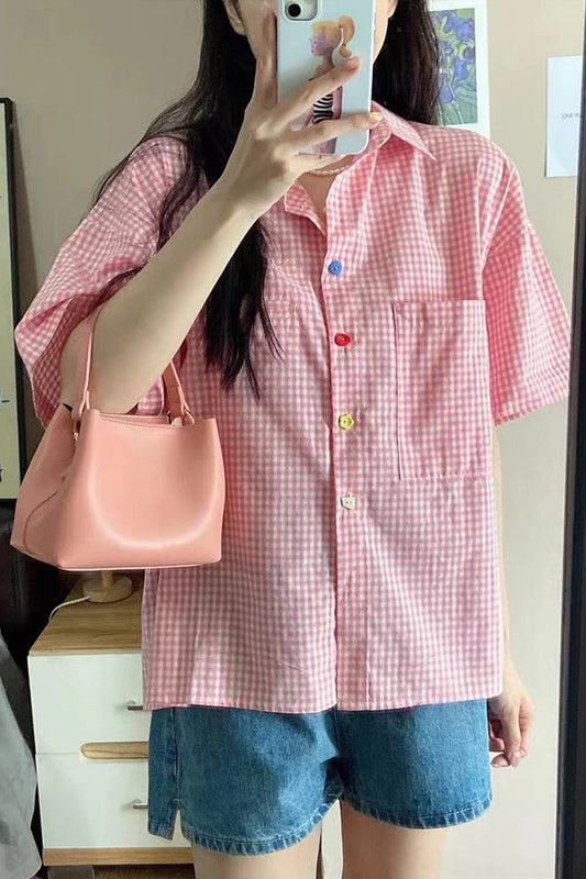 Short Sleeve Pink Plaid Cute Blouse Shirts