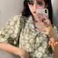 Short Sleeve Notched Daisy Pattern Blouse Shirts