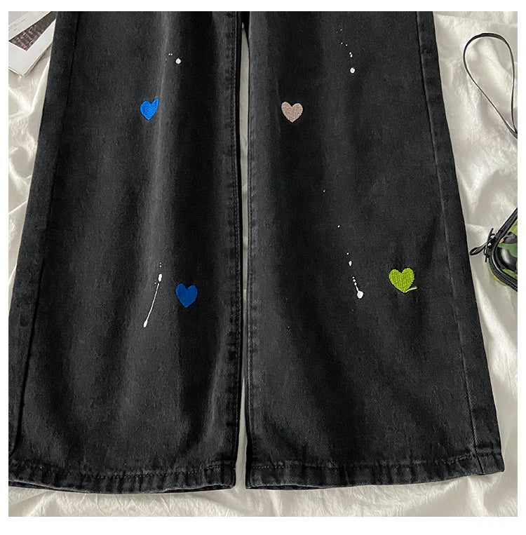 Colorful Heart Embroidered Black Jeans Pants