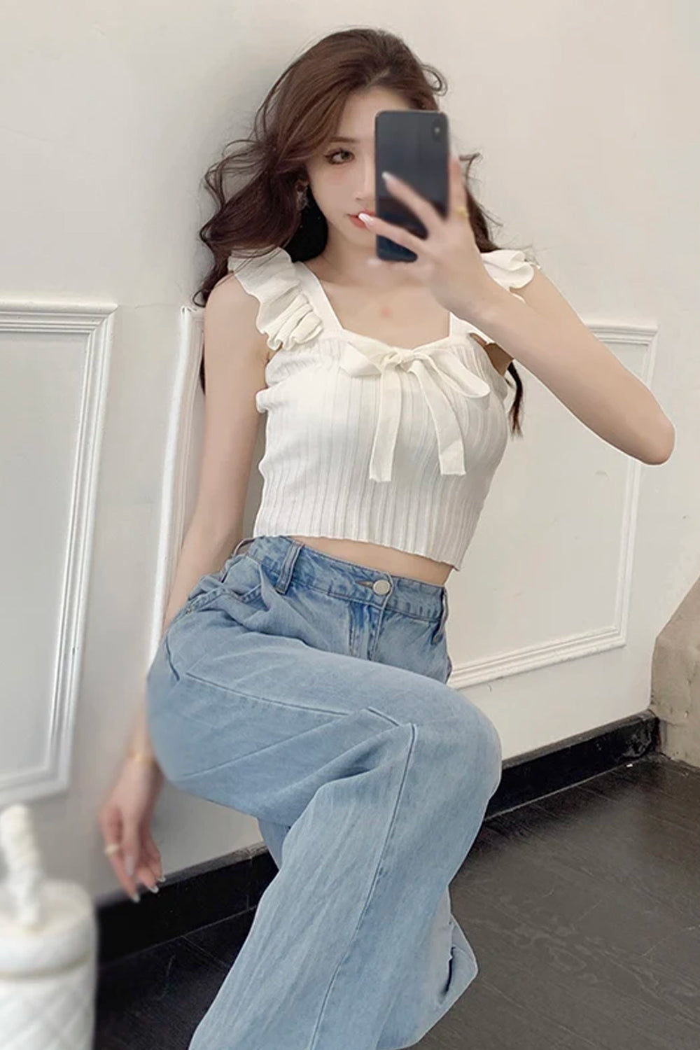 Square Neck Bow Tie Knitted Crop Tops