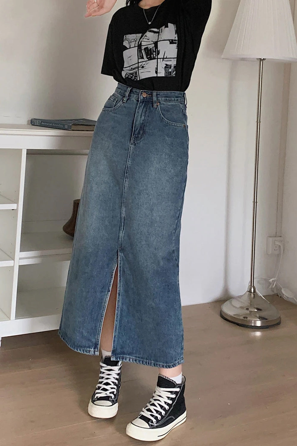 High Waist Retro Split A-Line Denim Skirts