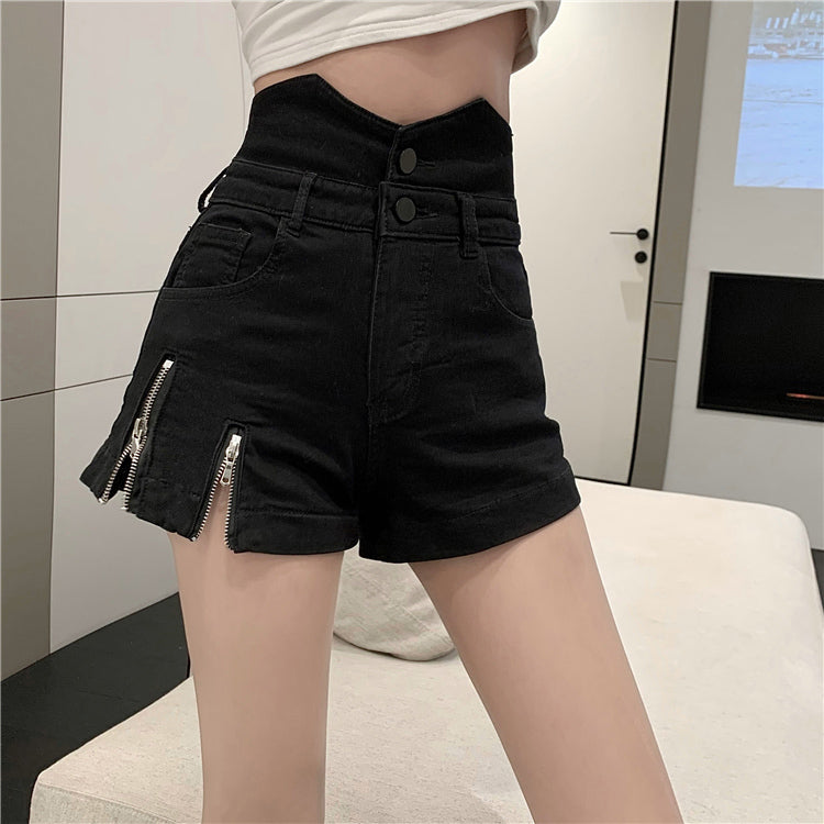 High Waist Side Zipper Black Denim Shorts