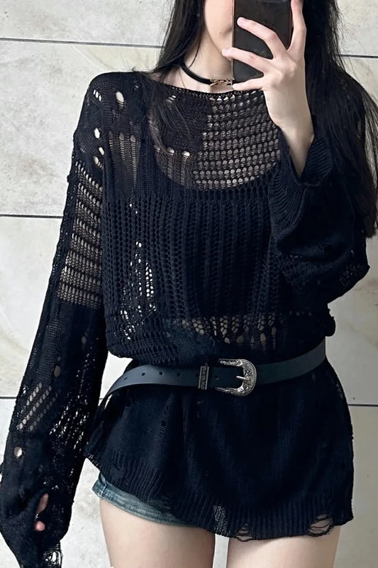 Long Sleeve Hollow Gothic Style Knitted Shirt