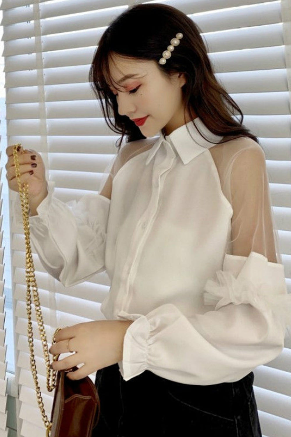 Long Puff Sleeve Transparent Collar Blouse Shirt