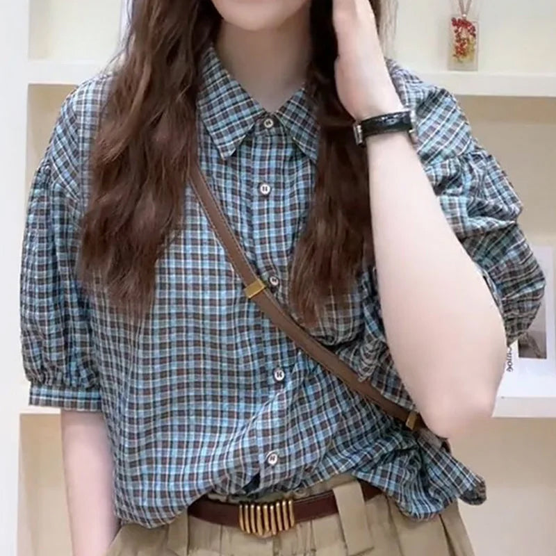 Short Sleeve Casual Blue Plaid Blouse Shirt