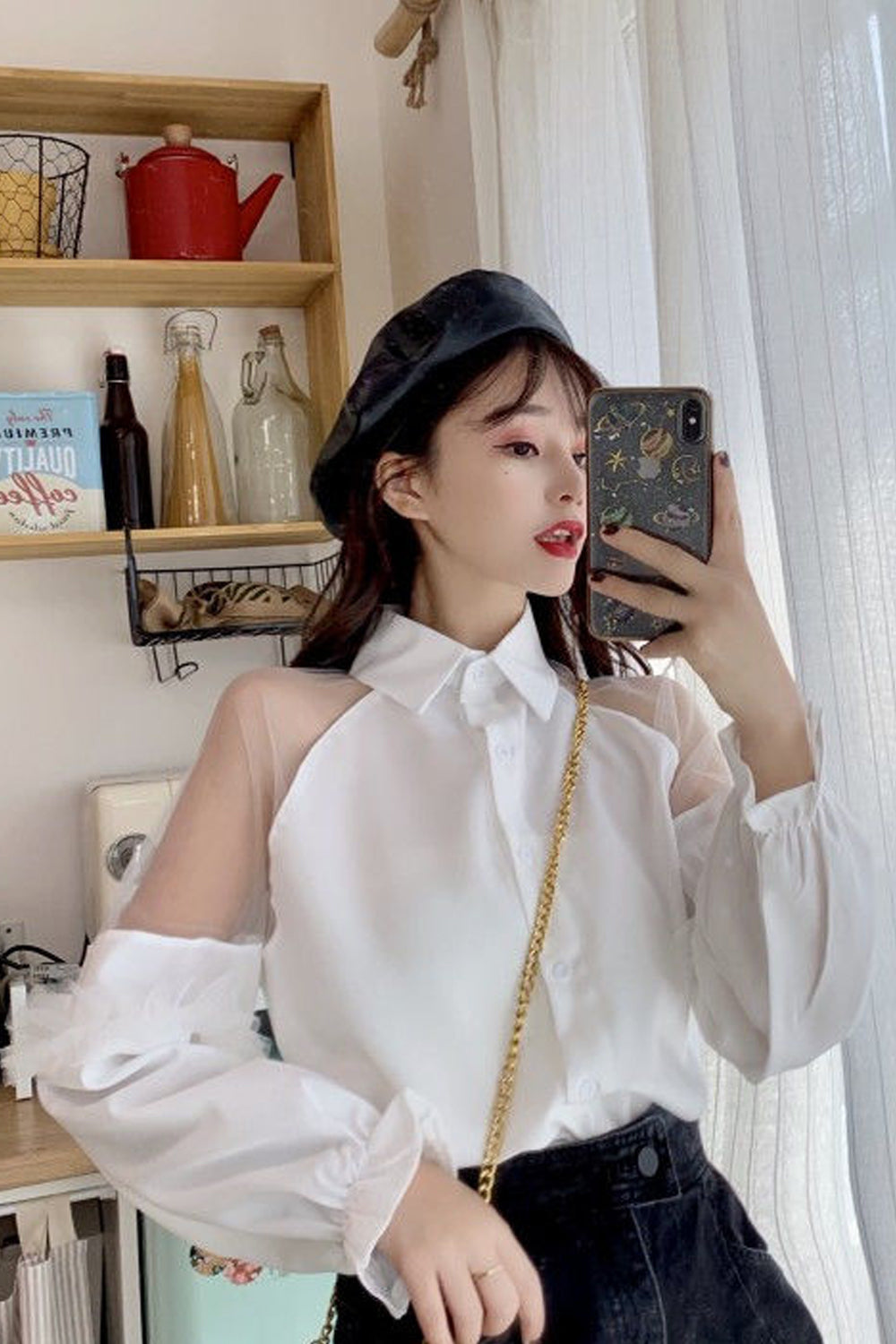 Long Puff Sleeve Transparent Collar Blouse Shirt