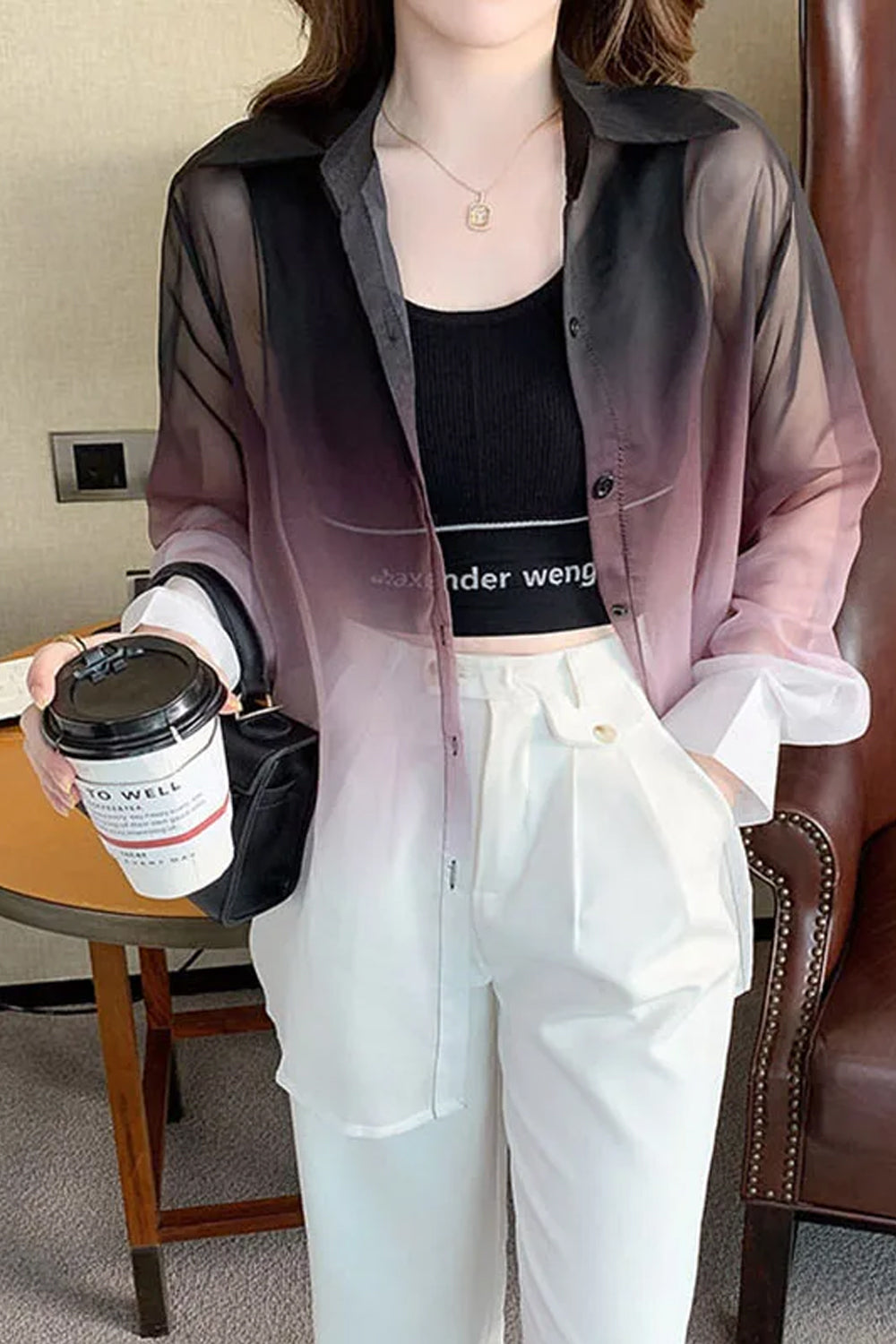 Long Sleeve Gradient Colors Transparent Blouse Shirts