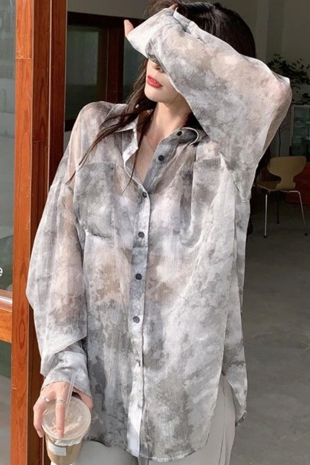 Grey Tie Dye Pattern Semi Transparent Blouse Shirt