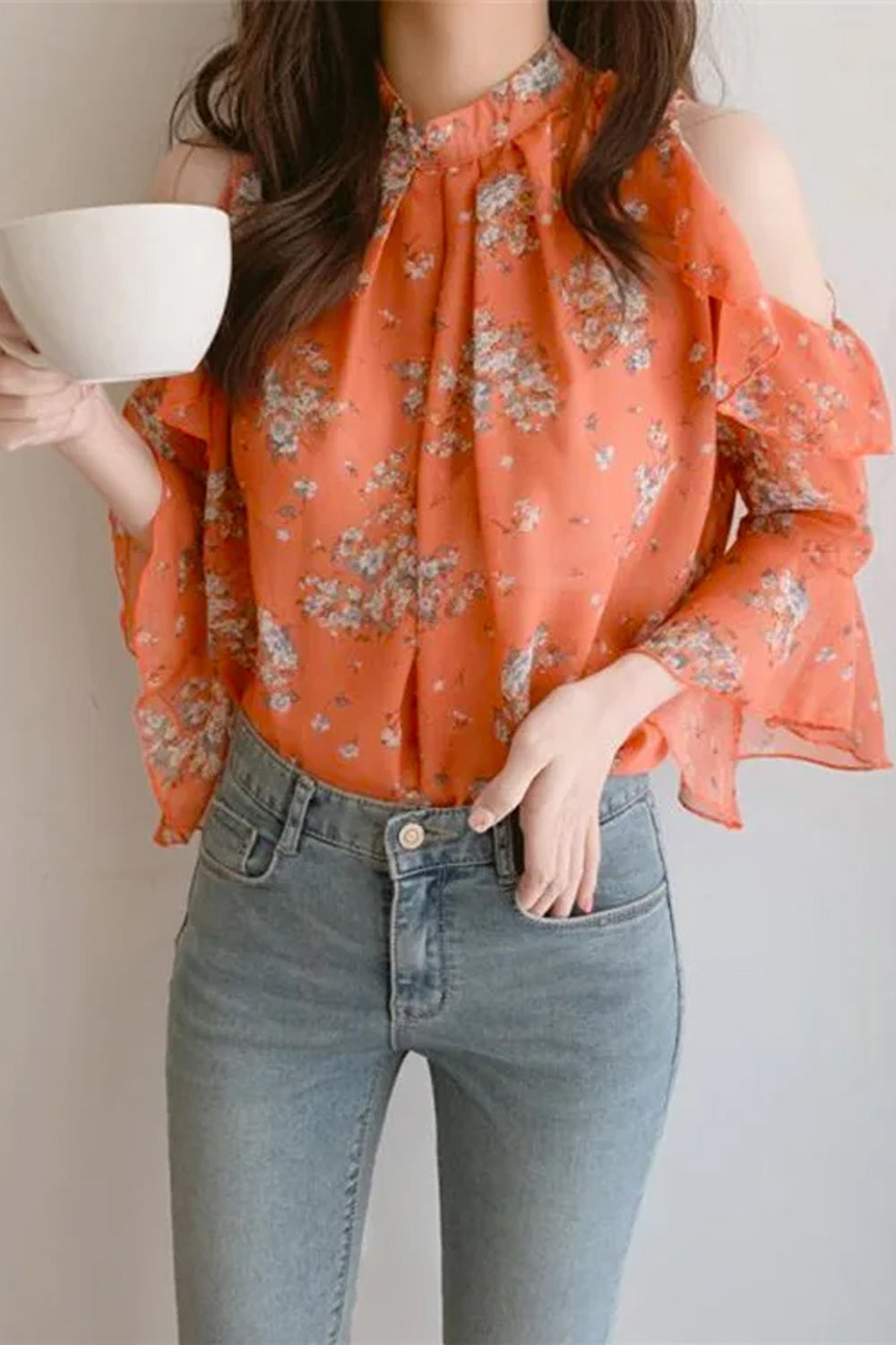 Sexy Ruffle Off Shoulder Flowers Pattern Blouse Shirts