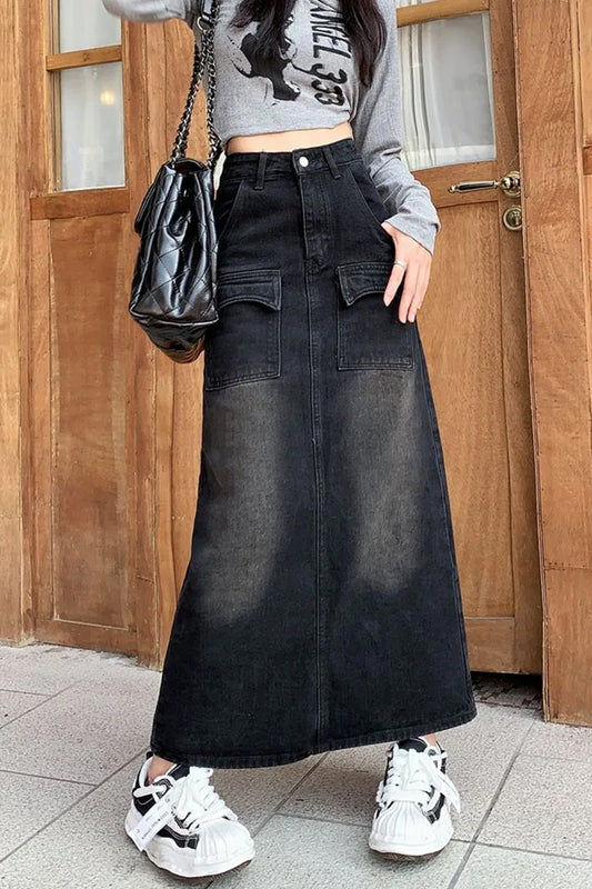 High Waist Vintage Black Denim Long Skirts