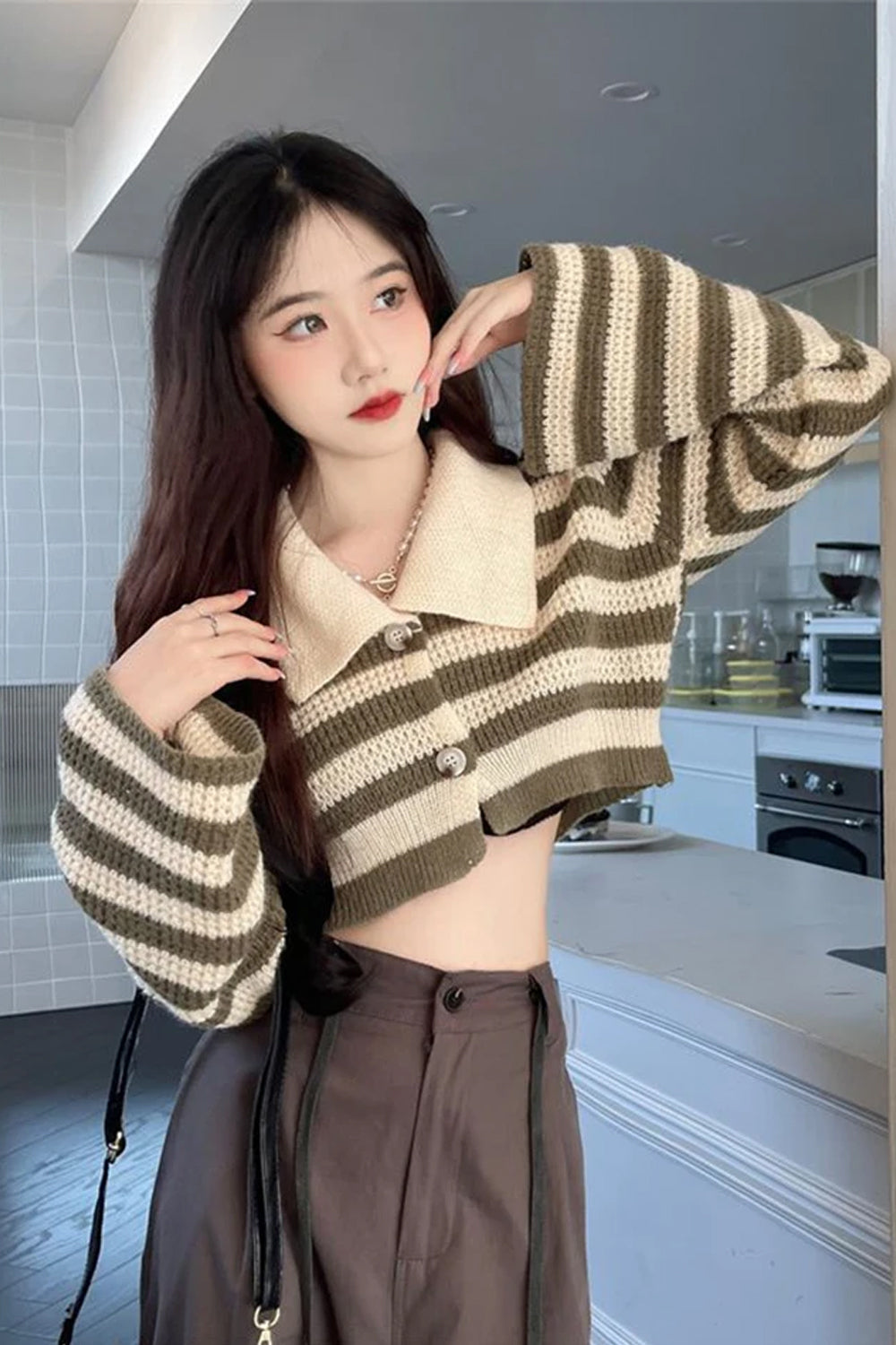 Striped Flare Sleeve Cropped Sweater