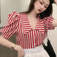 Puff Sleeve Cute Bow Collar Striped Office Blouse Shirts