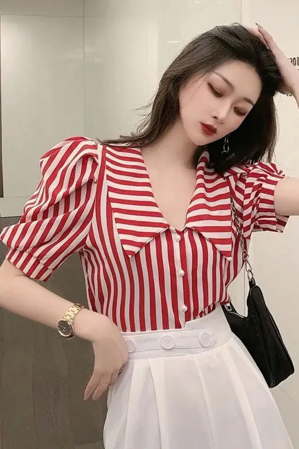 Puff Sleeve Cute Bow Collar Striped Office Blouse Shirts