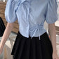 Puff Sleeve Bow Tie Cropped Shirt