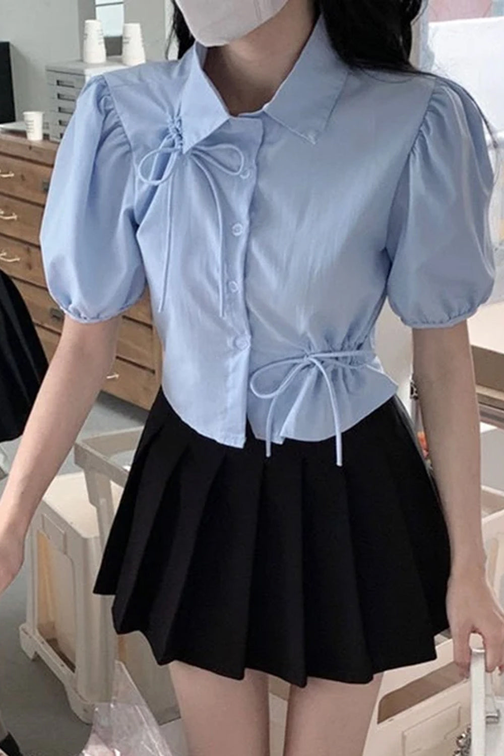 Puff Sleeve Bow Tie Cropped Shirt