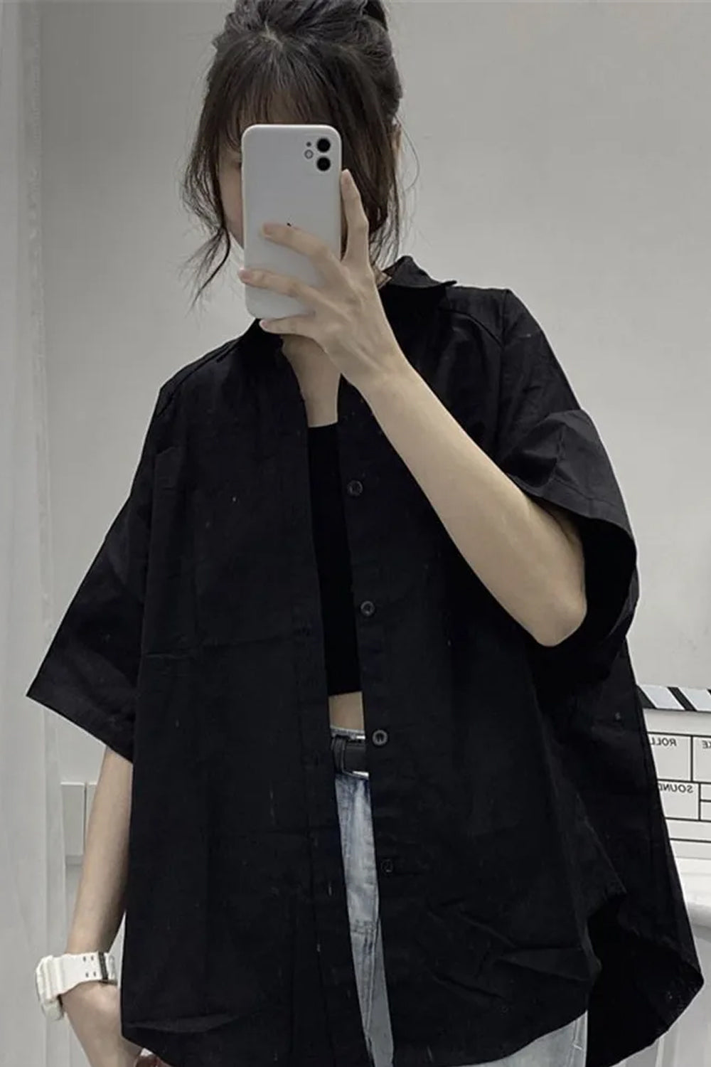 Loose Retro Solid Black Blouse Shirts