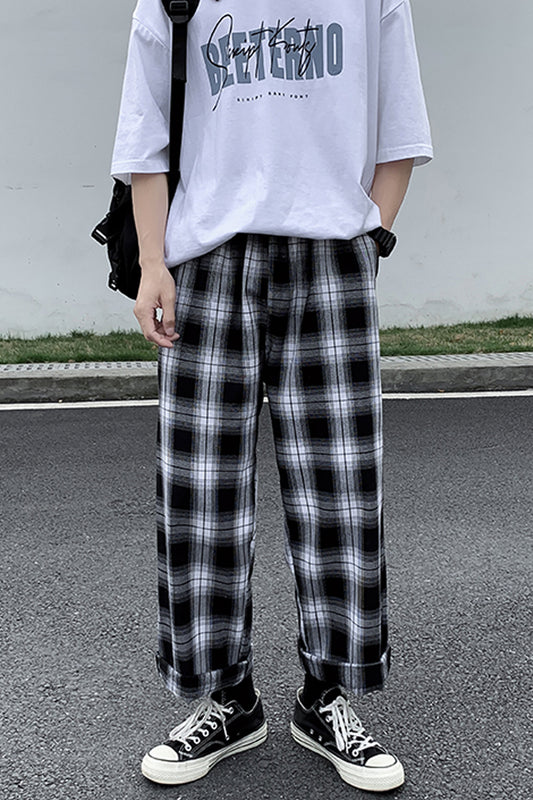 Loose Retro Black Plaid Ankle Pants