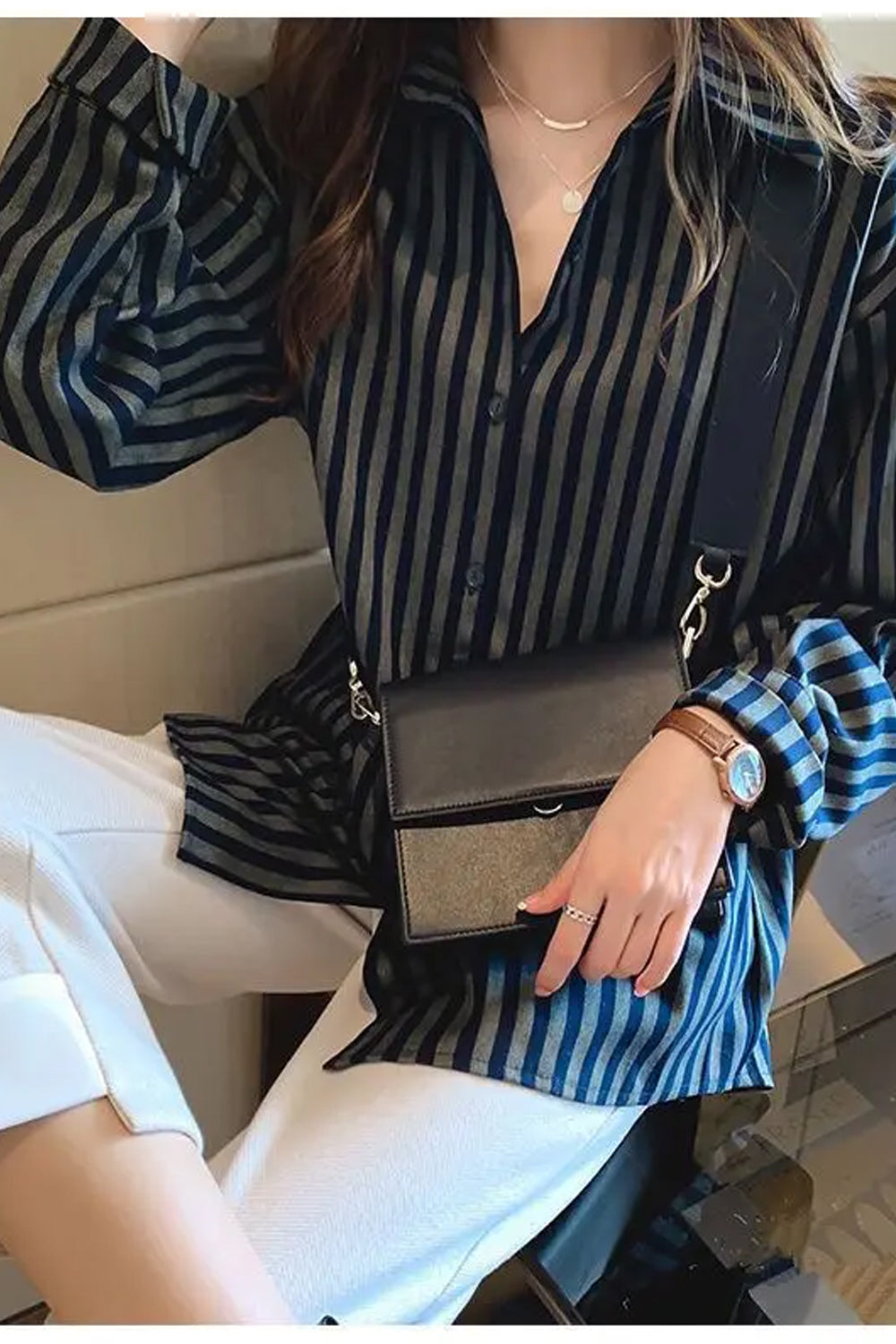 Long Sleeve Dark Color Striped Blouse Shirts