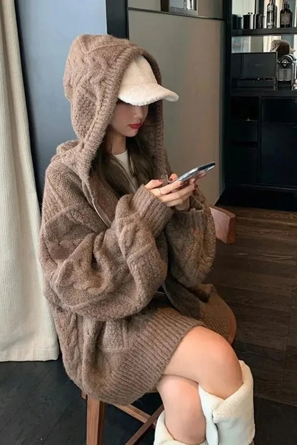 Long Sleeve Hooded Knitted Cardigan Sweater