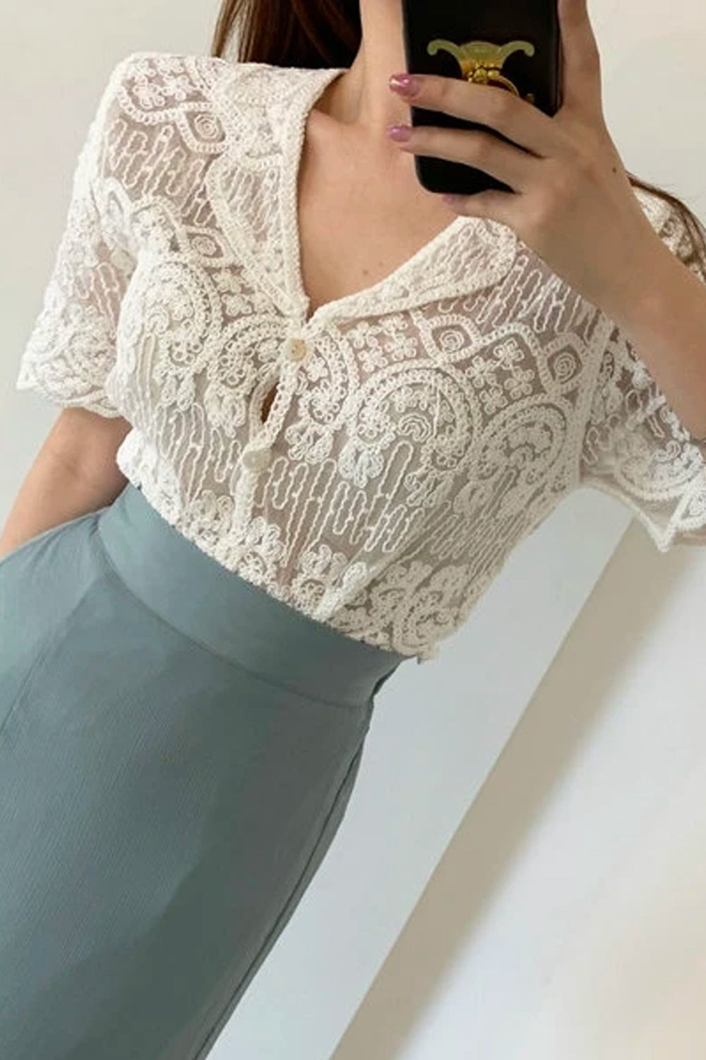 Short Sleeve Notched Style Lace Embroidered Shirt