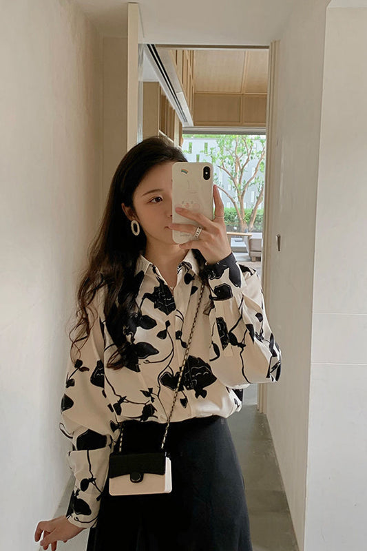 Long Sleeve Elegant Floral Pattern Blouse Shirts