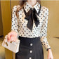 Long Sleeve Bow Style Polka Dot Pattern Blouse Shirt