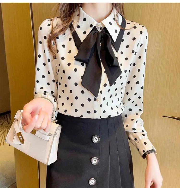 Long Sleeve Bow Style Polka Dot Pattern Blouse Shirt