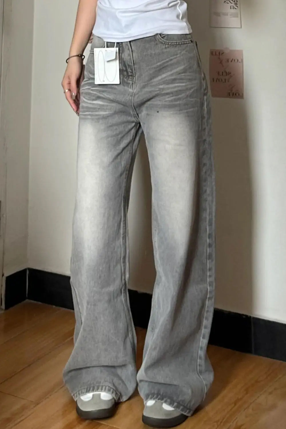 High Waist Vintage Washed Light Grey Jeans Pants