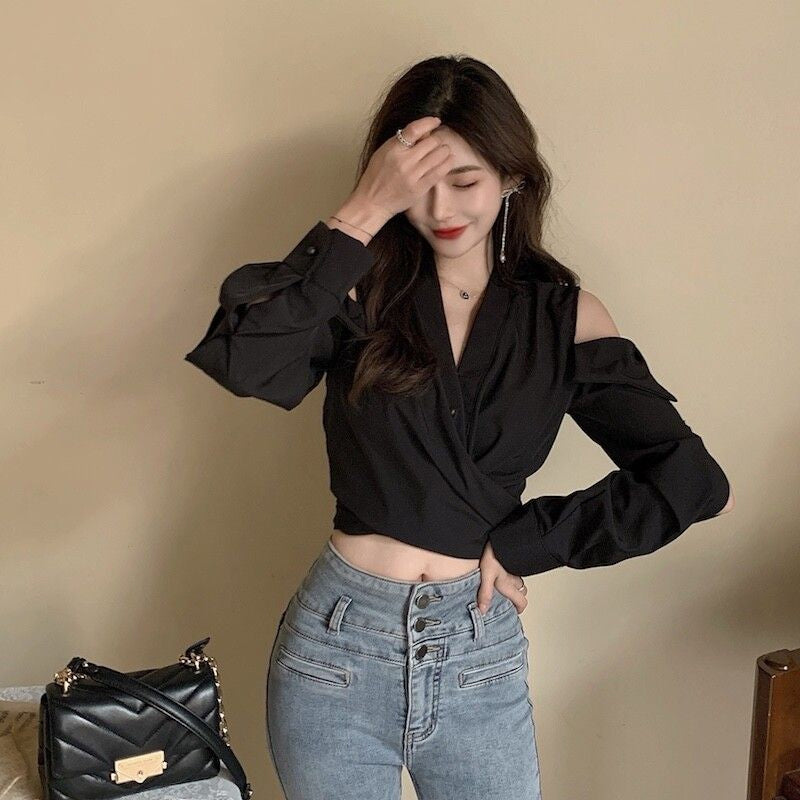 Long Sleeve Sexy Off Shoulder V-Neck Cropped Shirts