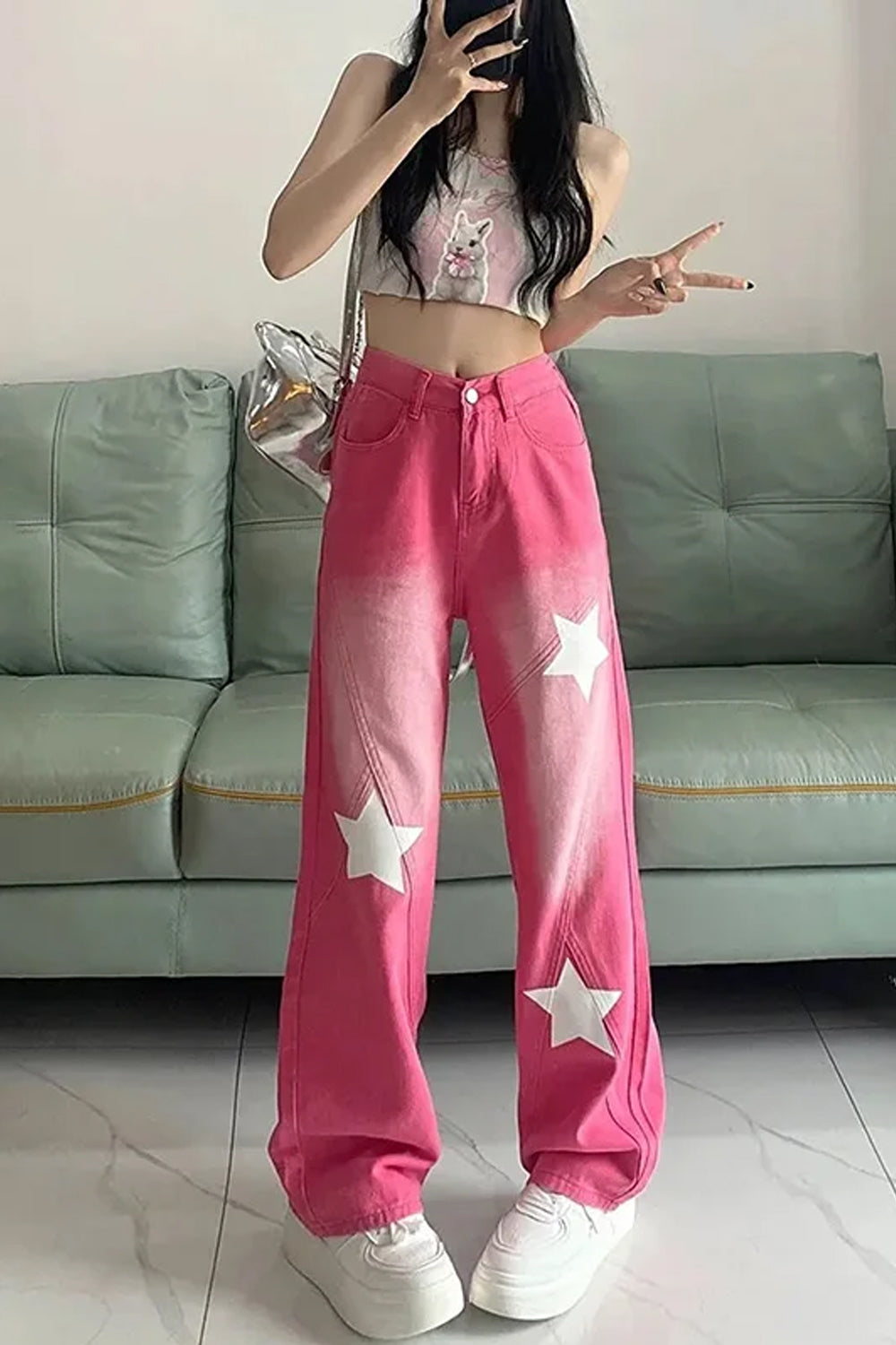 High Waist Stars Pattern Long Pink Jeans