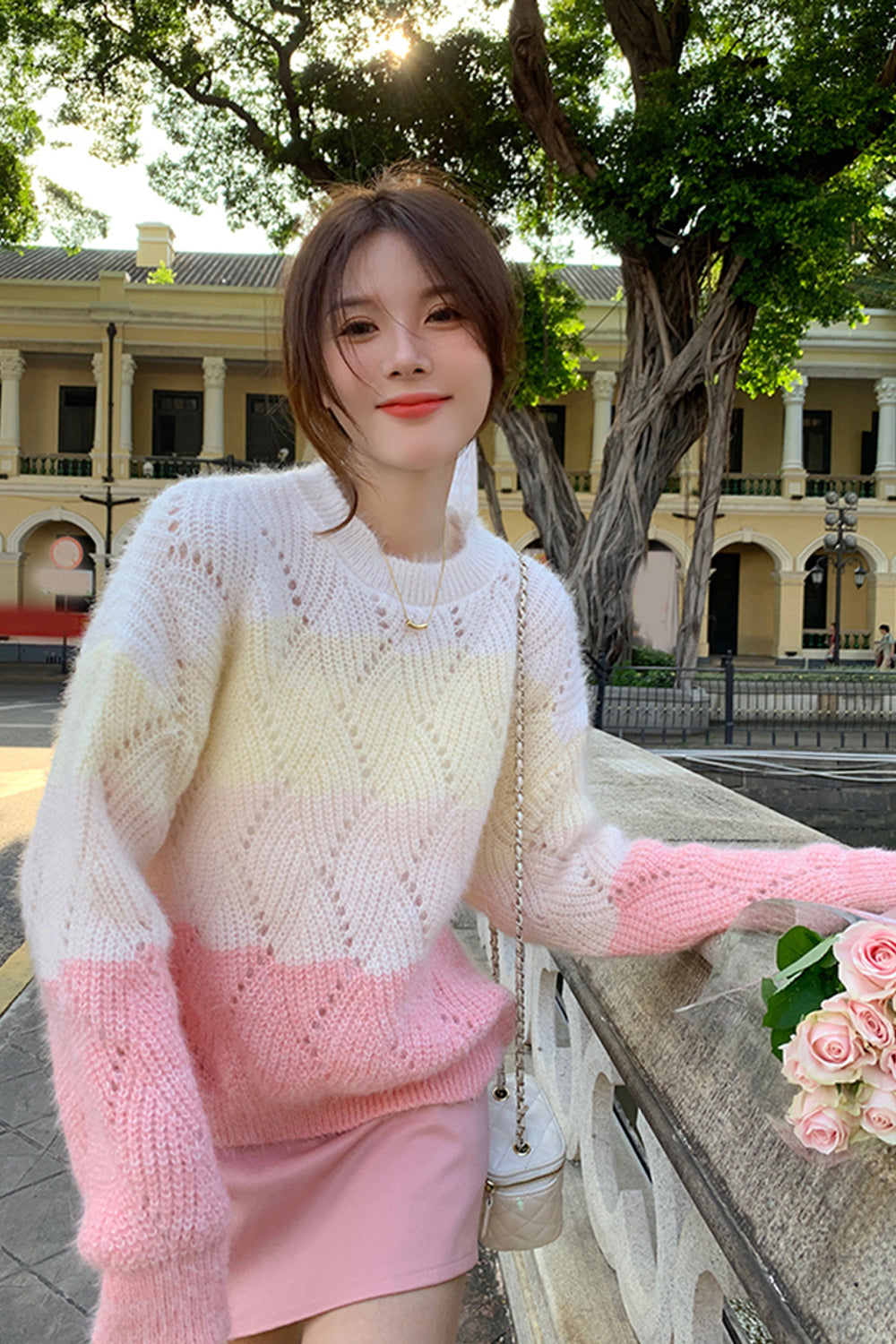 Long Sleeve Gradient Colors Hollow Out Sweater