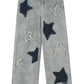 High Waist Stars Embroidered Long Washed Jeans