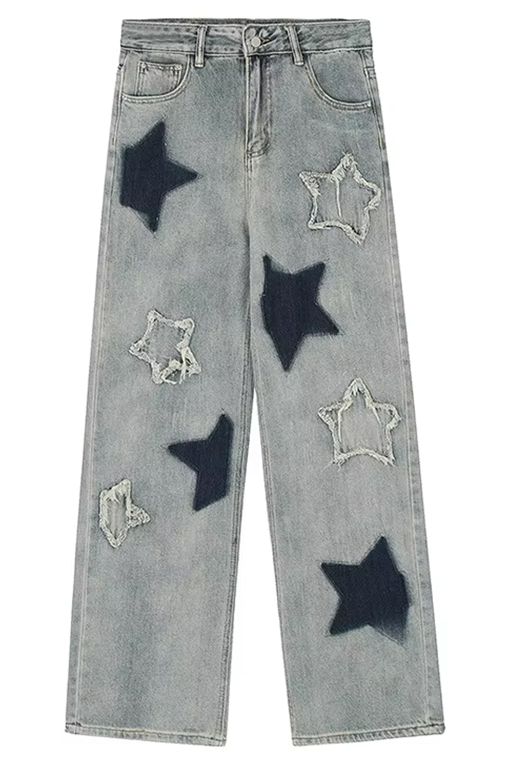 High Waist Stars Embroidered Long Washed Jeans