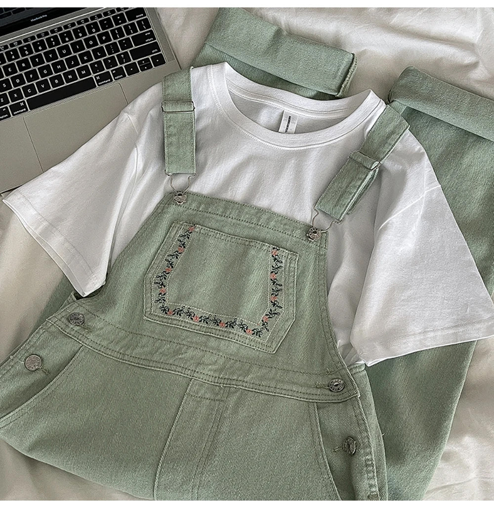 Floral Embroidered Light Green Denim Jumpsuits