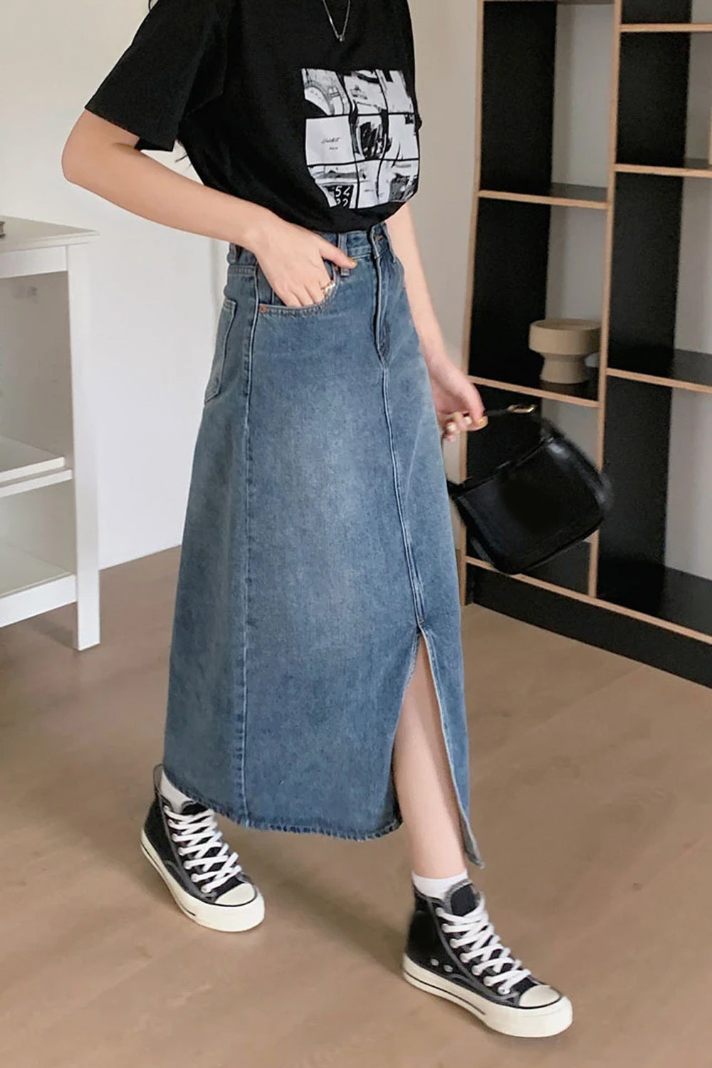 High Waist Retro Split A-Line Denim Skirts