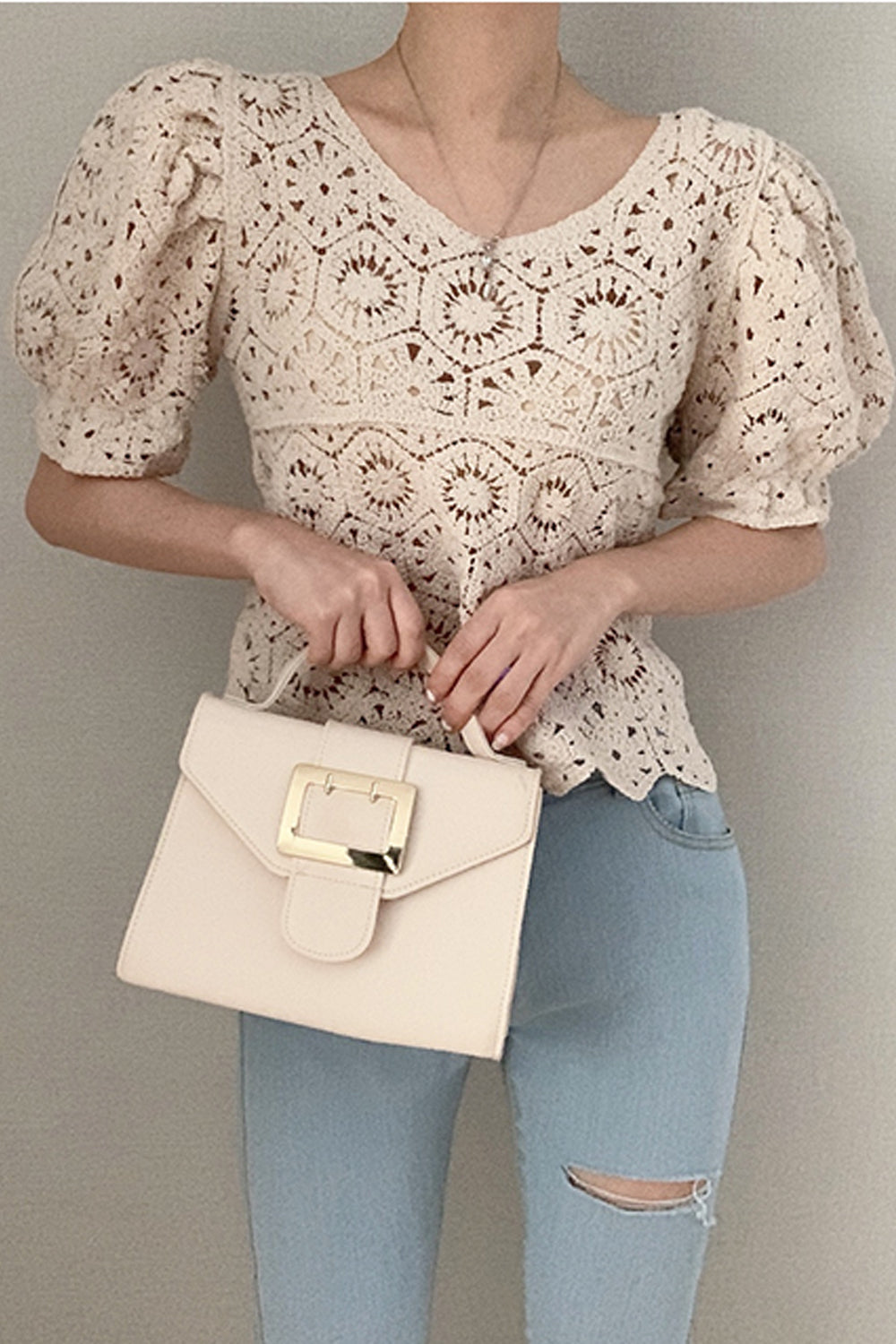 Puff Sleeve Hollow Out Lace Cropped Shirt