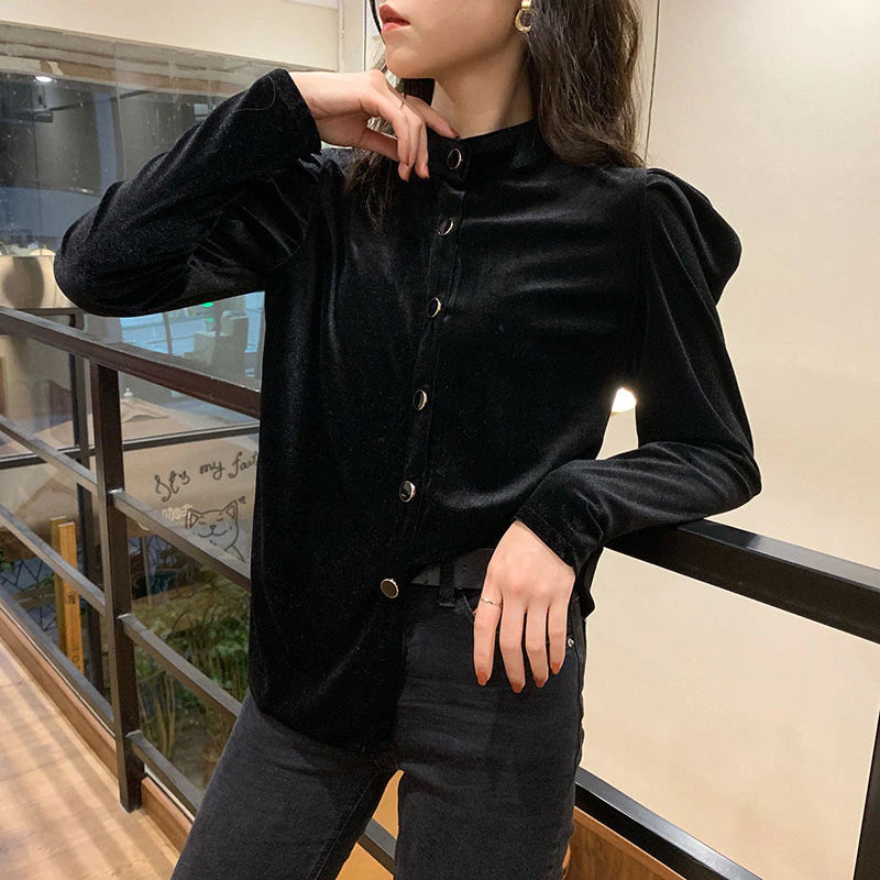 Long  Puff Sleeve Velvet Back Blouse Shirt