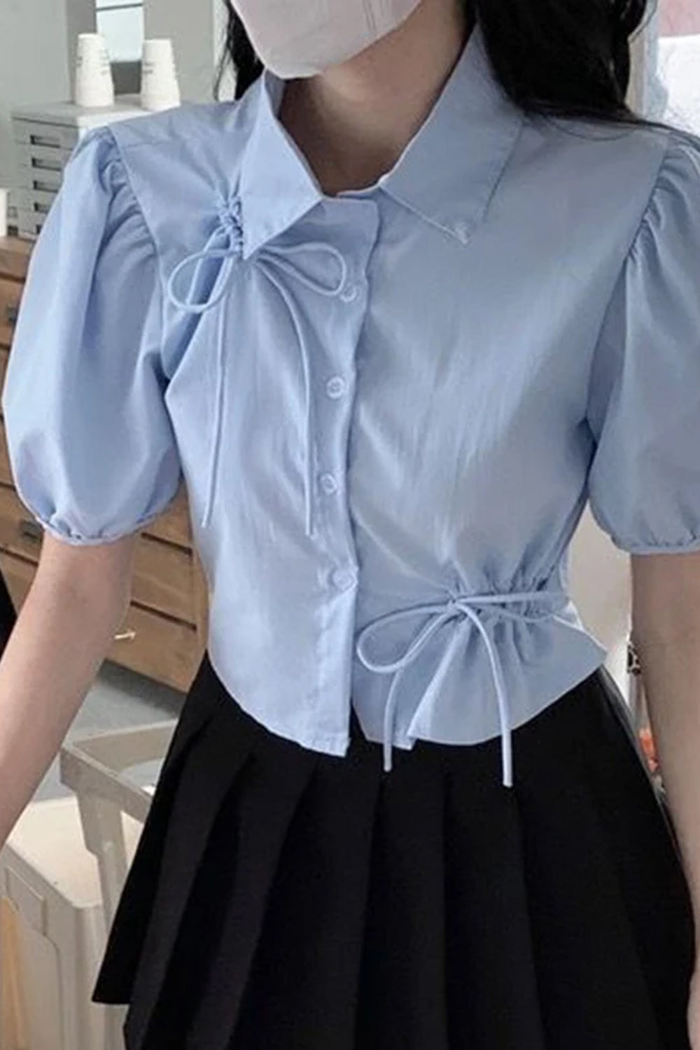 Puff Sleeve Drawstring Tie Blouse Shirt