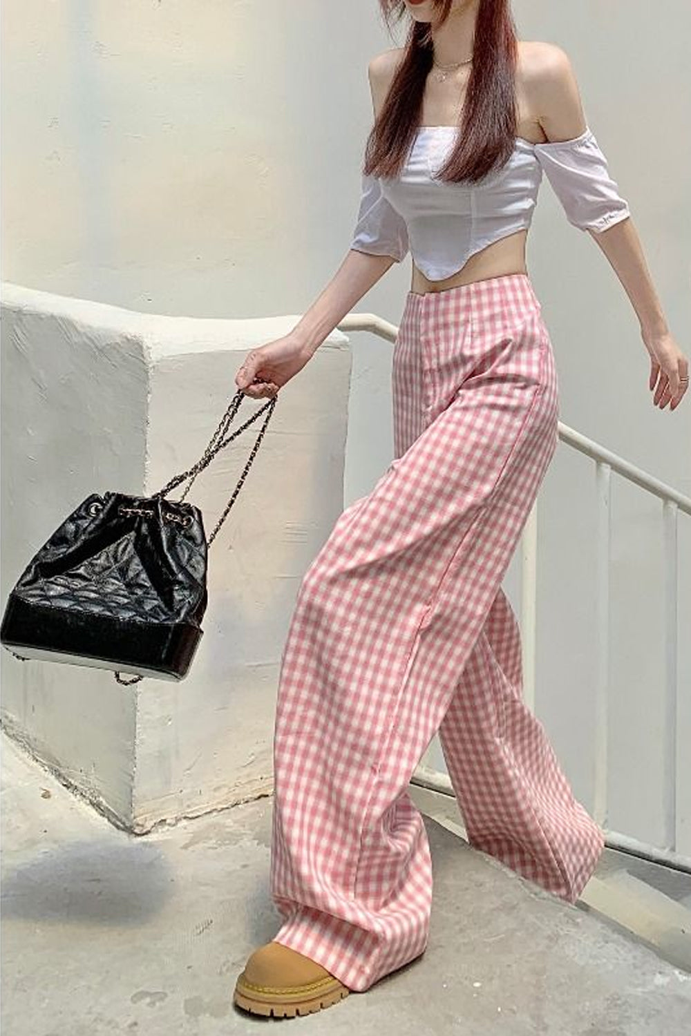 Loose Elegant Pink Plaid Pants